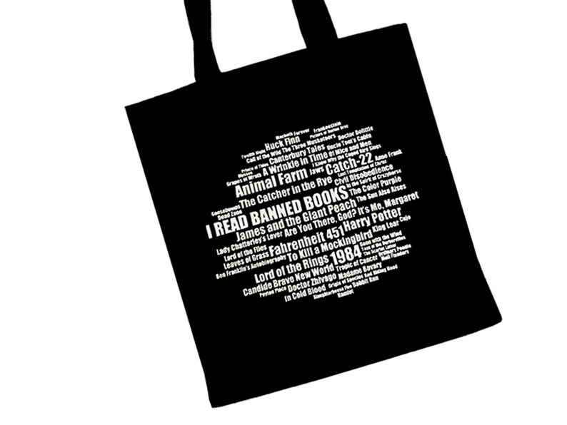BANNED BOOKS TOTE 100/% Cotton Shopping Bag w Banned Books List for Librarians Book-Lovers and Readers Choose Word Cloud or Rectangle Layout