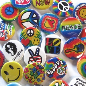24 Sm 1.25 Groovy Button Pack Colorful Hippie Peace Heart Happy Pins 24 Pin Pack of 1.25 inch Quality Pin-Back Badges image 1