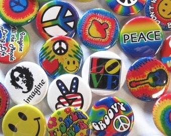 24 Lg 2.25" Groovy Button Pack - Colorful Hippie Peace Heart Happy Pins 24 Pin Pack of 2.25" Quality Pin-Back Badges