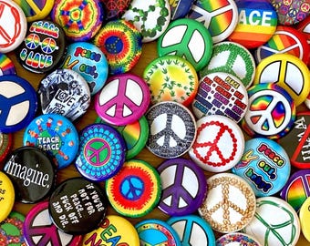 24 Peace Sign Buttons in 2 Sizes Pinback Set: Hippie Badges, Custom or Random