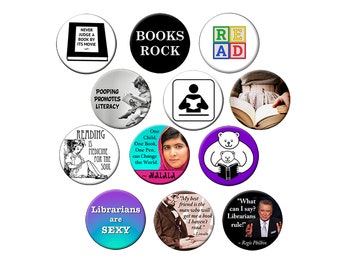 12 Book-Lover Pins - For Librarians and Book Readers  - 12 Small 1.25 inch Reading Pin Back Badges or Buttons