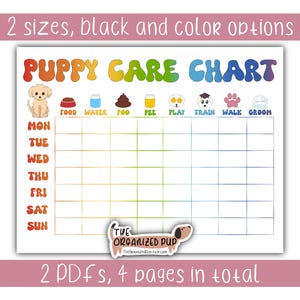 Puede incluir: Un cuadro de cuidado de cachorros imprimible con un esquema de colores arcoíris. El cuadro incluye una lista de verificación para alimentar, dar agua, entrenar en el baño, jugar, caminar y acicalar. El cuadro está diseñado para una semana e incluye los días de la semana, de lunes a domingo. El cuadro también incluye un logotipo para "The Organized Pup".