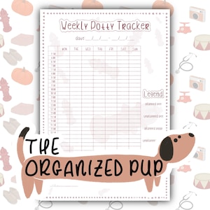 Puede incluir: Un rastreador semanal de entrenamiento para ir al baño para perros, imprimible. El rastreador tiene un espacio para escribir la fecha y columnas para cada día de la semana. También incluye una leyenda con iconos para pipí planificado, pipí no planificado, caca planificado y caca no planificado.