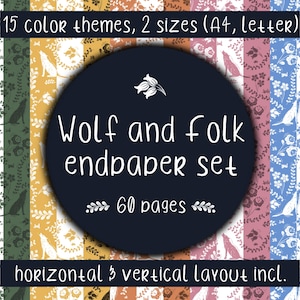 May include: A set of 60 printable endpapers featuring a wolf and folk design. The endpapers are available in 15 colour themes and two sizes: A4 and Letter. The design includes a repeating pattern of wolves, flowers, and leaves. The text "Wolf and folk endpaper set" is displayed in a circle in the centre of the image.