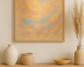 Fleeting Bliss – Abstract Digital Wall Art Print in Gold, Pink & Blue | Joyful Iridescent Swirl | Modern Boho Home Decor