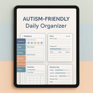Pode incluir: Um planejador digital na tela de um tablet com o título "Organizador Diário Amigável para o Autismo". O planejador é dividido em seções para "Painel", "Diário", "Semanal", "Rotinas" e "Registro Sensorial". Cada seção tem uma cor diferente e inclui vários campos para acompanhar as atividades diárias, as rotinas e a entrada sensorial.