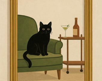 Retro Black Cat Martini afdrukbare muurkunst - gezellige cocktaillounge digitale poster halverwege de eeuw geïnspireerd decor