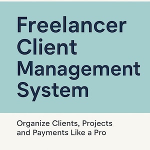 Könnte beinhalten: Eine türkisfarbene und weiße Grafik mit dem Text "Freelancer Client Management System" in Dunkelblau. Darunter steht der Text "Organisieren Sie Kunden, Projekte und Zahlungen wie ein Profi."