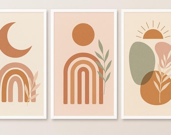 Boho abstracte muurkunst set van 3 | Neutrale minimalistische prints | Boog in aardetinten en botanisch decor | Moderne afdrukbare kunst | Direct downloaden