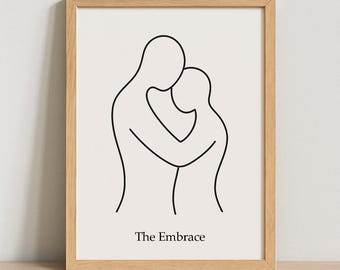 The Embrace Minimalist Line Art Modern Couple Hug Printable Abstract Love Wall Decor