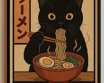 Zwarte kat die ramen eet-Japans geïnspireerde afdrukbare muurkunst, grappig digitaal keukendecor, instant download