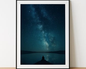 Starry Night Reflection Wall Art | Minimalist Cosmic Landscape | Silhouetted Figure Printable | Peaceful Galaxy Scene for Meditation & Home