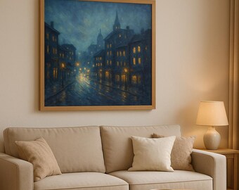 Dreamlit City – Fantastical Cityscape Wall Art | Painterly Night Scene with Glowing Windows & Ethereal Light Trails
