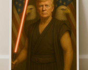 President Trump Jedi Knight Wall Art Print – Patriotic Fantasy Decor, Bald Eagles & American Flag, Pop Culture Statement Piece