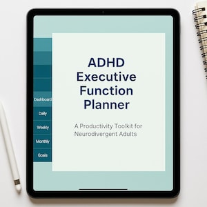 Könnte beinhalten: Ein digitaler Planer für Erwachsene mit ADHS, mit dem Titel "ADHD Executive Function Planner: A Productivity Toolkit for Neurodivergent Adults". Der Planer enthält Abschnitte für Dashboard, täglich, wöchentlich, monatlich und Ziele.