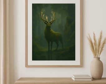 Guardians of the Forgotten Forest | Moss-Covered Stag Fantasy Art Print | Mystical Woodland Creature Wall Creature Wall Decor