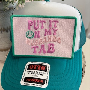 Parche para gorra con la frase &quot;Ponlo en la pestaña de mi marido&quot;, termoadhesivo