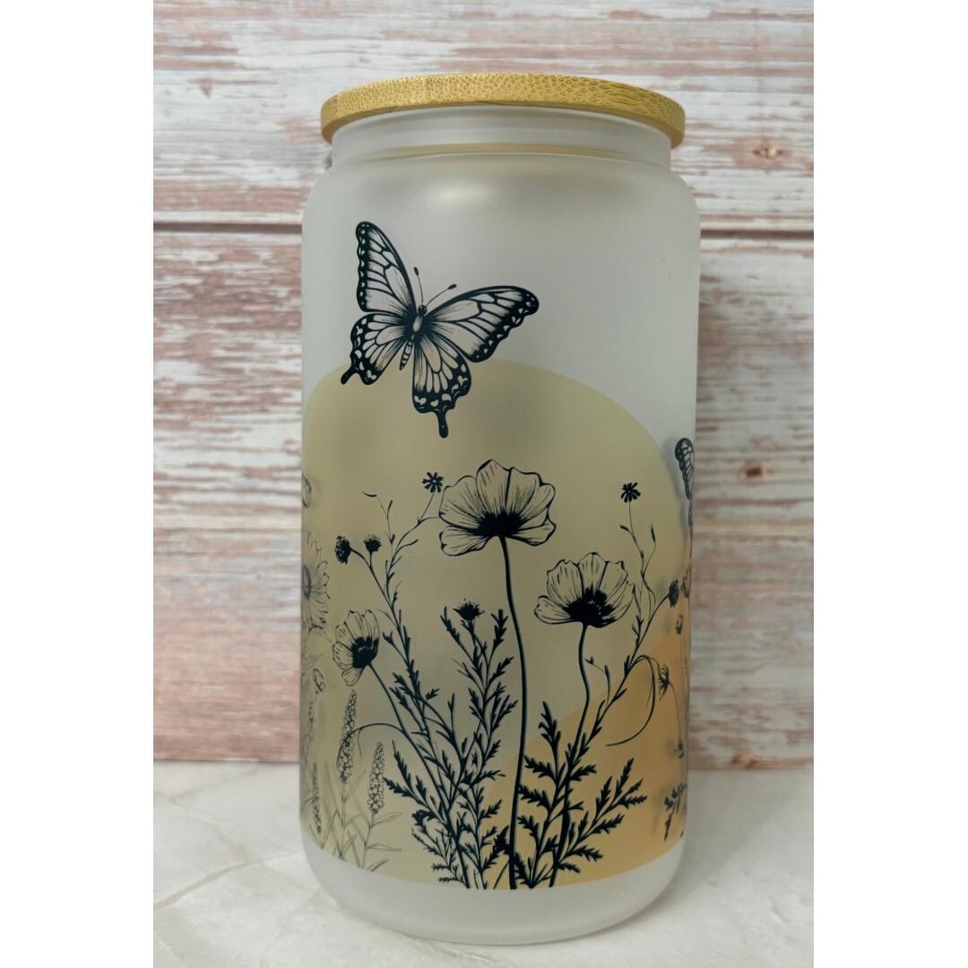 Frosted Glass Iced Coffee Cup With Lid & Straw: Flowers and Butterfly ...