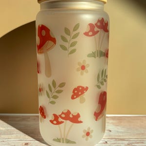 Glass Can with Lid and Straw, Trendy Cup, Ice Coffee Cup, Anniversary Gift, Birthday Gift for her, Gift For Her, Mushroom, Tumbler