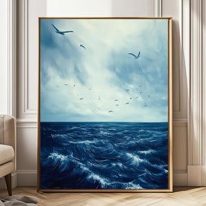 Sea Waves Seagull Painting on Canvas, Original Art, Blue Ocean Painting, Impressionism Art, Beach Painting, Landscape Paintings