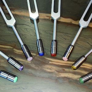 May include: A selection of silver tuning forks with coloured crystal bases. The tuning forks are arranged in a circular pattern, with bases in shades of green, purple, pink, yellow, red, and blue. The background is a mottled green and brown surface.
