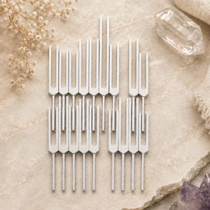 May include: A collection of silver-coloured metal tuning forks arranged in a grid pattern. Each tuning fork features a long, thin handle and two parallel prongs extending upwards. The metallic instruments are uniform in appearance and design.