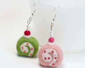 Needle felted roll cake earrings, miniature food accessory, kawaii sweets gift