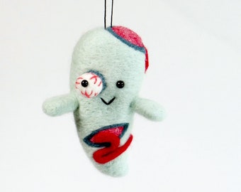Felt Zombie Ornament: Needle Felted Halloween Ghost Plush, Horror Theme Gift