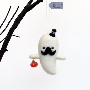 Needle felt ghost ornament, Halloween Mustache figurine with a black hat and orange pumpkin