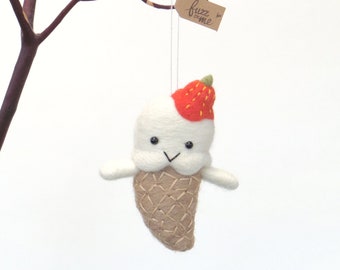 Needle Felted Halloween Ghost Ornament: Ice Cream Cone with Orange Pumpkin