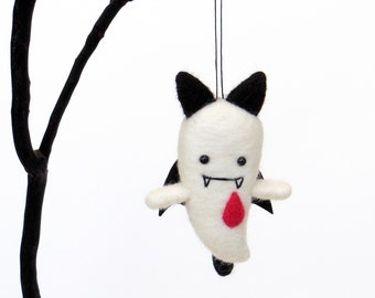 Halloween Vampire figurine : ghost plush needle felted ornament, kawaii cute goth decor, felt fall gift
