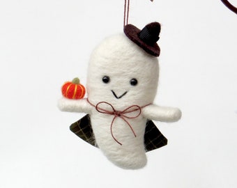 Halloween felt ghost ornament with moss green plaid cape + orange pumpkin + brown witch hat, Autumn decor