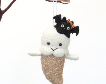 Needle Felted Halloween Ghost Ornament: Ice Cream Cone with Black Bat