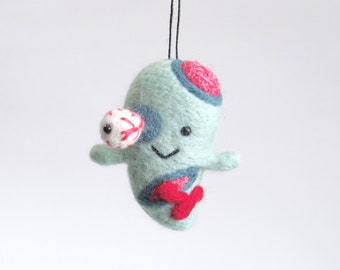 Mini Felt Zombie Ornament: Needle Felted Halloween Ghost Doll, size-S