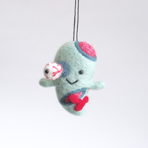 Mini Felt Zombie Ornament: Needle Felted Halloween Ghost Doll, size-S