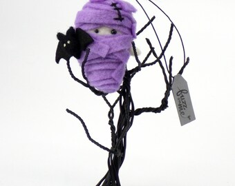 Halloween Purple Mummy with Tiny Bat, Felt Ghost ornament for table top tree decor