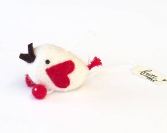 Miniature bird ornament, Needle felted white bird with red heart wings + red felt ball feet, Birthday, Anniversary, Valentine's gift