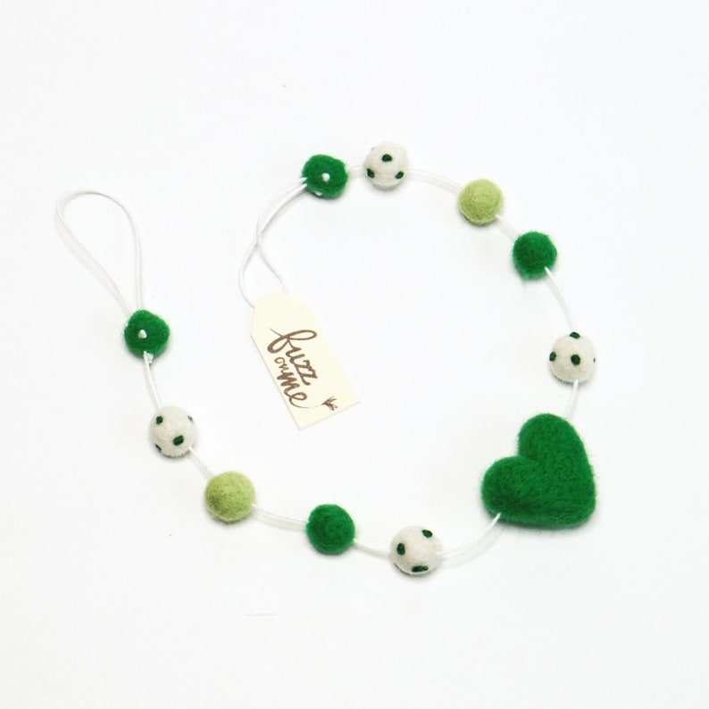 St Patrick's green heart tiny felt ball short miniature garland for small tree, doll house decor, friends gift image 1