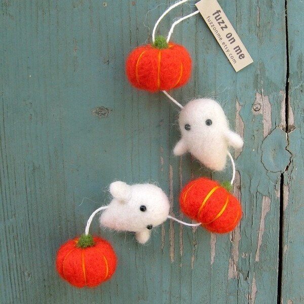 Halloween FUZZ baby ghost hanging - orange pumpkins