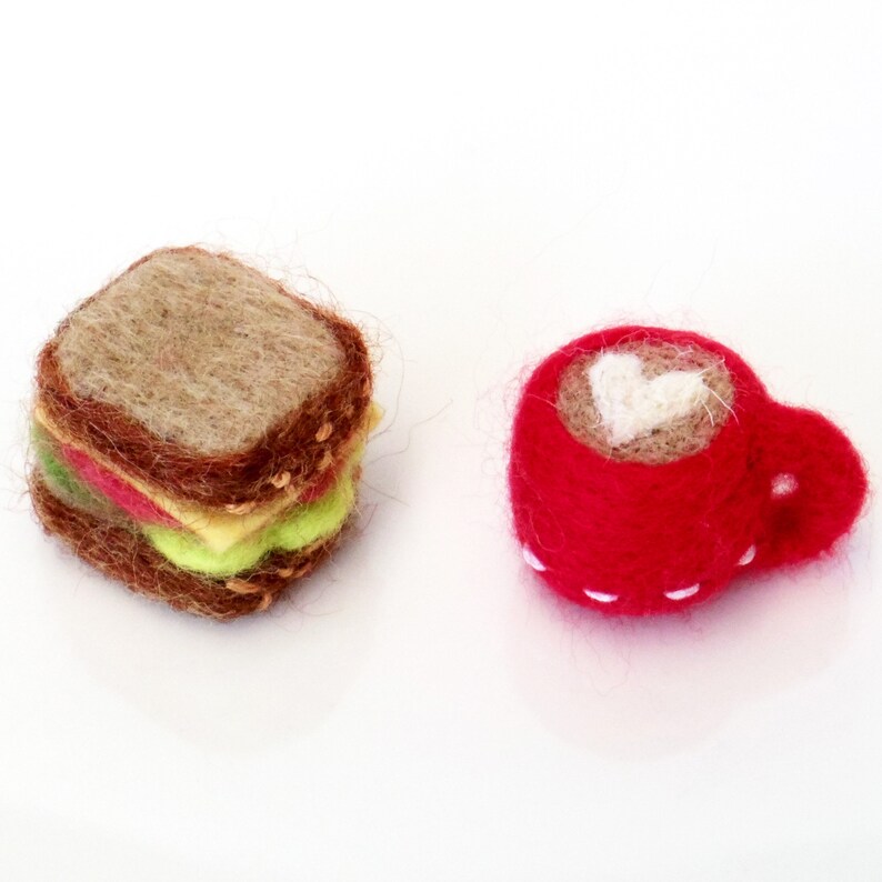 Miniature felt food, needle felted red cup latte and sandwich, dollhouse prop, tiny toy 1" craft project