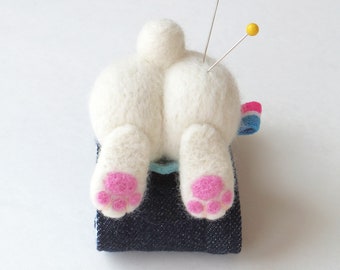 Animal wrist pincushion, Felted wool bunny butt with strap, wearable pin cushion with a detachable strap