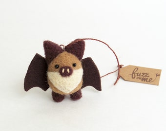 Miniature needle felted bat ornament - light brown and dark brown, small tree decor, funny animal gift