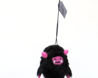 Miniature felt black fuzzy monster figurine, Needle felted winter ghost ornament, Holiday fun gift