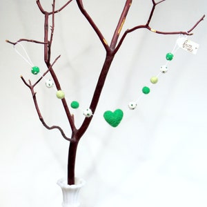 St Patrick's green heart tiny felt ball short miniature garland for small tree, doll house decor, friends gift image 2