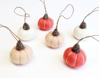 Needle Felted Miniature Pink Pumpkin Ornaments: Autumn Boho Decor, Set of 6