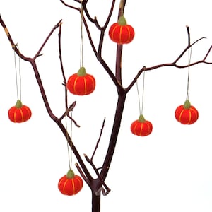 Halloween miniature pumpkins, Orange needle felt pumpkin ornament 1&quot; (set of 6) Autumn Fall decor, Thanksgiving harvest gift