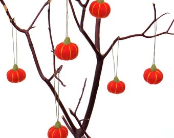 Needle Felted Miniature Orange Pumpkin Ornament: Halloween Small Tree Decor (Set of 6)