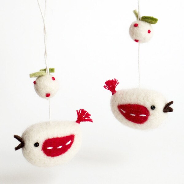 Felt bird ornament : needle felted miniature fruit bird pair - white strawberry