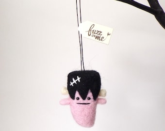 Miniature Halloween needle felt ornament : Pink Frankenstein ghost, Fall small tree decor