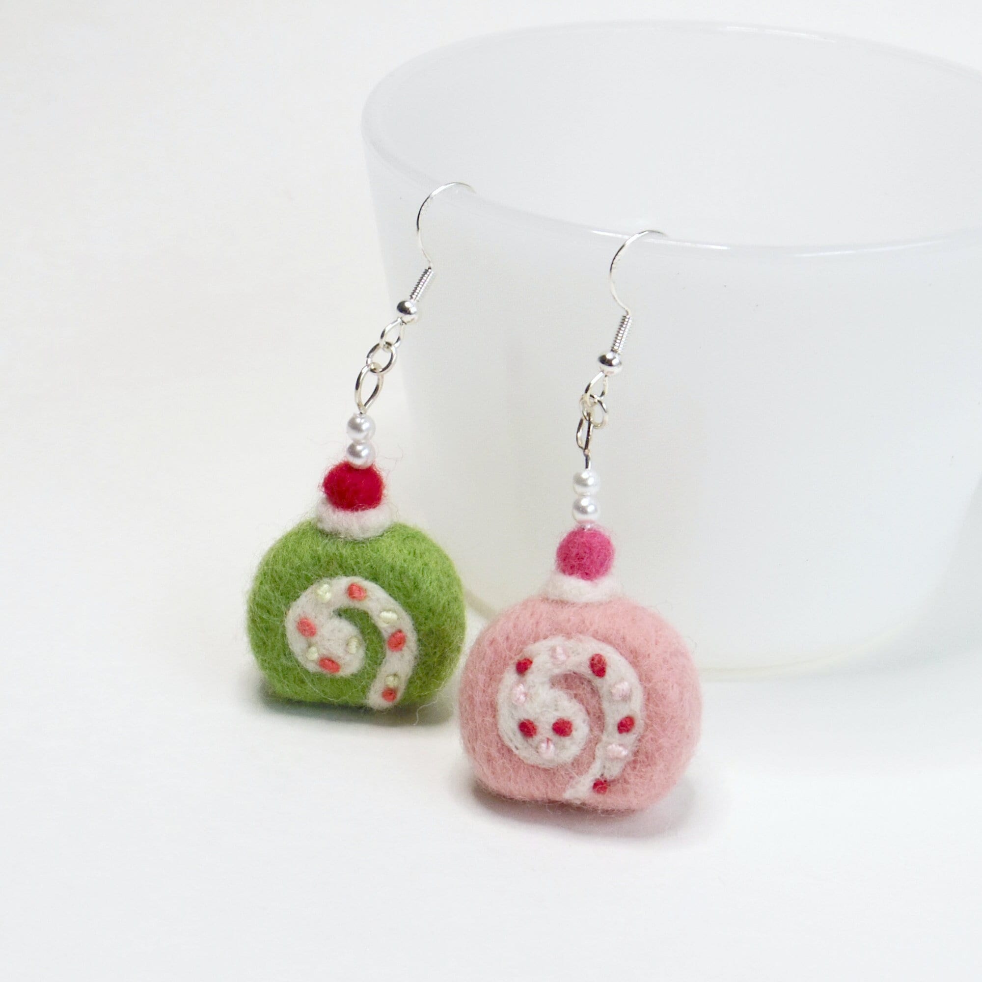 Needle Felted Roll Cake Earrings, Miniature Food Accessory, Kawaii